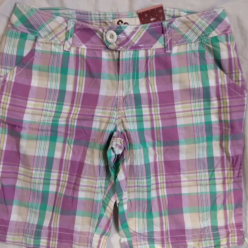 SO Bermuda Shorts Women's Juniors 11 Purple Blue White Plaid Cotton - Picture 2 of 7